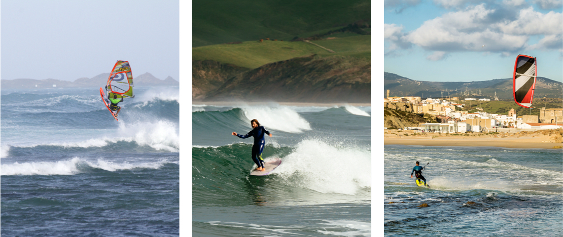 À gauche : Planchiste à Corralejo, Fuerteventura, îles Canaries © Miha Travnik / Centre : Surfeur de longboard à San Vicente de la Barquera, Cantabrie © DavidSamperio / Droite : Homme faisant du kitesurf à Tarifa, province de Cadix, Andalousie À gauche : Planchiste à Corralejo, Fuerteventura, îles Canaries © Miha Travnik / Centre : Surfeur de longboard à San Vicente de la Barquera, Cantabrie © DavidSamperio / Droite : Homme faisant du kitesurf à Tarifa, province de Cadix, Andalousie