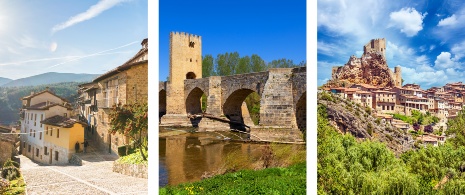 Links: Straßen von Frías/ Mitte: Mittelalterliche Brücke / Rechts: Burgfried von Frías in Burgos, Kastilien-León