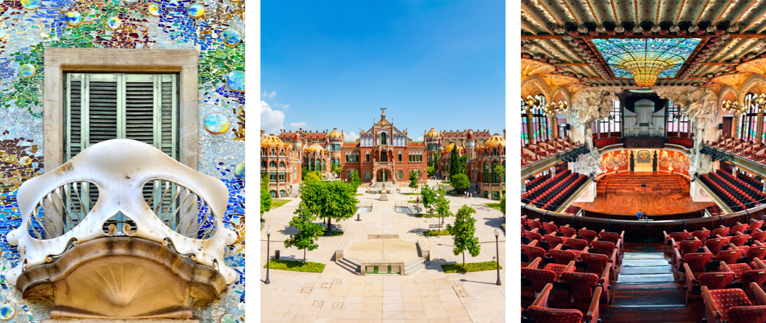 Sinistra: Particolare della Casa Batlló © Aliona Birukova / Centro: Complesso modernista di Sant Pau / Destra: Palazzo della Musica di Barcellona, Catalogna © Kritikos Sinistra: Particolare della Casa Batlló © Aliona Birukova / Centro: Complesso modernista di Sant Pau / Destra: Palazzo della Musica di Barcellona, Catalogna © Kritikos