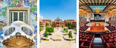 Links: Ausschnitt des Batlló-Hauses © Aliona Birukova / Mitte: Recinto Modernista von Sant Pau / Rechts: Palau de la Música in Barcelona, Katalonien © Kritikos