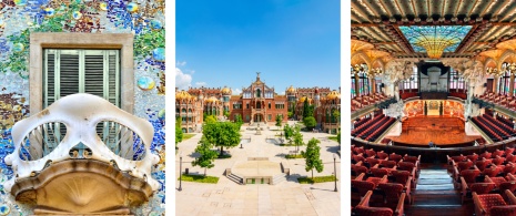 À gauche : Détail de la Maison Batlló © Aliona Birukova / Centre : Site moderniste de Sant Pau / Droite : Palais de la musique à Barcelone, Catalogne © Kritikos