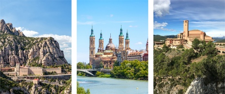 Esquerda: Mosteiro de Montserrat em Barcelona, Catalunha/Centro: Basílica de Nossa Senhora do Pilar em Zaragoza, Aragão/Direita: Santuário de Torreciudad em Huesca, Aragão