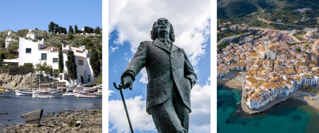 Esquerda: Casa de Salvador Dalí em Portlligat / Centro: Estátua de Dalí em Cadaqués © Pabkov / Direita: Vista de Cadaqués em Girona, Catalunha