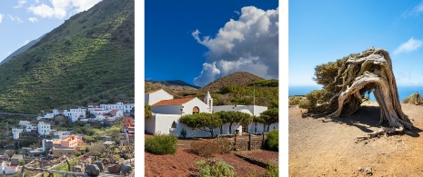 Links: Anblick von Sabinosa / Mitte: Kirche Virgen de los Reyes / Rechts: Wachholderbaum in Sabinosa auf El Hierro, Kanarische Inseln