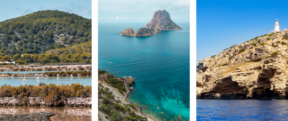 Left: island of Ses Salines / Centre: islands of Es Vedrà and Es Vedranell / Right: island of Sa Conillera Left: island of Ses Salines / Centre: islands of Es Vedrà and Es Vedranell / Right: island of Sa Conillera