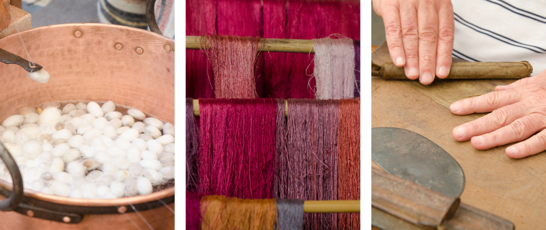 Left: Silk preparation process/Centre: Close-up of silk thread/Right: Making a La Palma cigar, the Canary Islands Left: Silk preparation process/Centre: Close-up of silk thread/Right: Making a La Palma cigar, the Canary Islands
