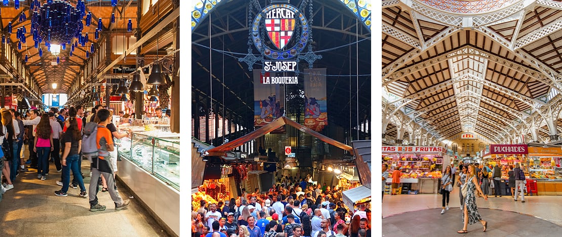 À gauche : Détail du marché de San Miguel à Madrid, Communauté de Madrid / Au centre : Entrée de la Boqueria à Barcelone, Catalogne / Droite : Vue du Mercado Central à Valence, Comunidad Valenciana