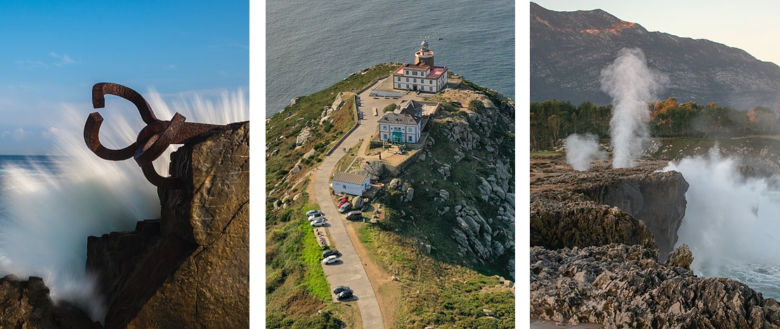 À gauche : Détail d'El Peine del Viento de Donostia-San Sebastián à Guipúzcoa, Pays Basque / Au centre : Vue du phare de Finisterre à La Corogne, Galice / À droite : Bufones de Pría, Asturies