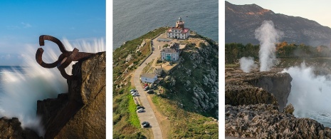 左：バスク州ギプスコア県ドノスティア - サン・セバスティアンの風の櫛の詳細 / 中央：ガリシア州ア・コルーニャ県のフィニステレ灯台の風景 / 右：アストゥリアス州プリアの潮吹き穴