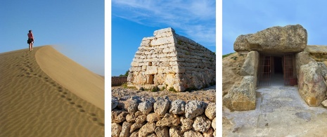 Izquierda: Dunas de Maspalomas en Gran Canaria, Islas Canarias / Centro: Naveta des Tudons en Menorca, Islas Baleares / Derecha: Detalle de dólmen de Antequera en Málaga, Andalucía