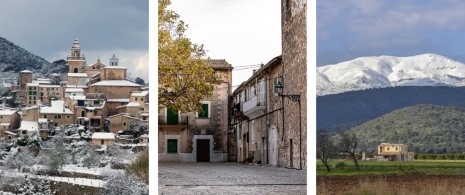 Left: View of Valldemossa covered in snow / Centre: Old quarter of Valldemossa in Mallorca, Balearic Islands / Right: Rural landscape in the Sierra de Tramuntana mountains