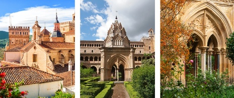 À gauche : Vue du monastère / Au centre : Cloître mudéjar de Guadalupe / À droite : Détail des arches du monastère royal Nuestra Señora de Guadalupe à Cáceres (Estrémadure)