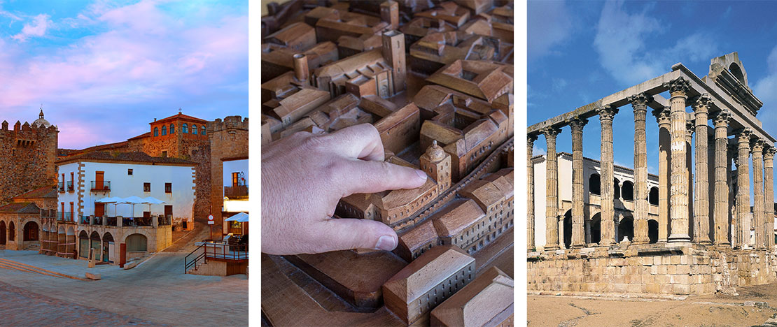 À gauche : Plaza Mayor de Cáceres, Extremadura / Centre : Modèle tactile de Cáceres pour les personnes souffrant d'un handicap dans le centre d'accueil des visiteurs / À droite : Temple de Diane à Mérida, Badajoz, Estrémadure. À gauche : Plaza Mayor de Cáceres, Extremadura / Centre : Modèle tactile de Cáceres pour les personnes souffrant d'un handicap dans le centre d'accueil des visiteurs / À droite : Temple de Diane à Mérida, Badajoz, Estrémadure.