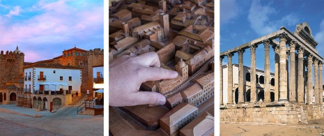 Esquerda: Plaza Mayor de Cáceres, Estremadura / Centro: Modelo tátil de Cáceres para pessoas com deficiência visual no centro de visitantes / Direita: Templo de Diana em Mérida, Badajoz, Estremadura.