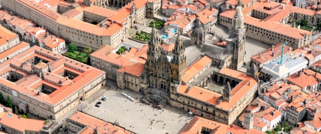 Aerial view of the Plaza de Obradoiro square and the Cathedral of Santiago de Compostela in A Coruña, Galicia