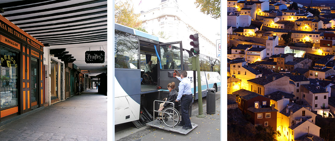 À gauche : Calle Mayor d'Alcalá de Henares, qui a subi des adaptations pour offrir un itinéraire accessible aux personnes à mobilité réduite / Centre : aide à l'accès aux bus touristiques (© PREDIF) / À droite : vue des Casas Colgadas de Cuenca À gauche : Calle Mayor d'Alcalá de Henares, qui a subi des adaptations pour offrir un itinéraire accessible aux personnes à mobilité réduite / Centre : aide à l'accès aux bus touristiques (© PREDIF) / À droite : vue des Casas Colgadas de Cuenca