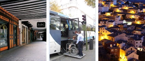 Esquerda: Calle Mayor de Alcalá de Henares, adaptada para uma rota acessível / Centro: assistência para acesso ao ônibus turístico (© PREDIF) / Direita: Vista das Casas Suspensas de Cuenca