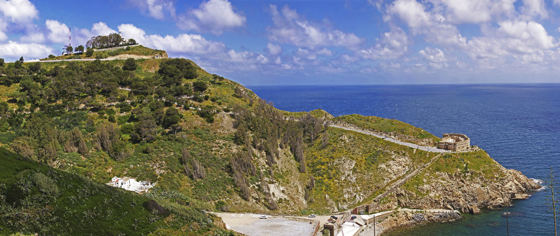 View of Punta Almina, Desnarigado cove and the military museum in Ceuta