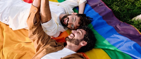 Schwules Pärchen auf der Regenbogenflagge Schwules Pärchen auf der Regenbogenflagge