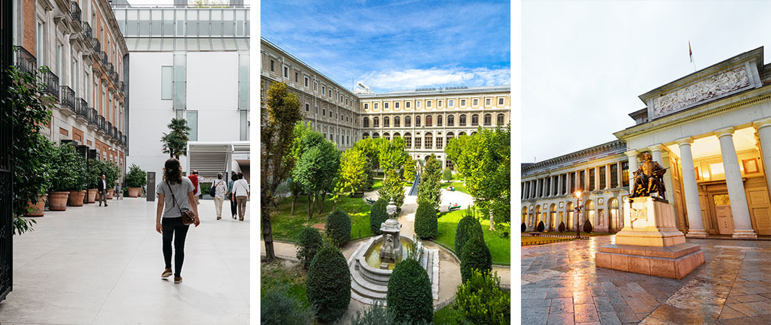 Po lewej: Wejście do Muzeum Thyssen © JJFarq / Pośrodku: Dziedziniec Muzeum im. Królowej Zofii © ItzaVU / Po prawej: Pomnik Velazqueza w Muzeum Prado, Madryt Po lewej: Wejście do Muzeum Thyssen © JJFarq / Pośrodku: Dziedziniec Muzeum im. Królowej Zofii © ItzaVU / Po prawej: Pomnik Velazqueza w Muzeum Prado, Madryt