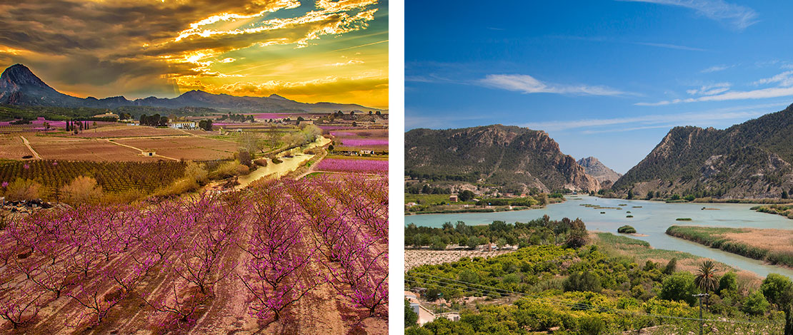Links: Sonnenuntergang in Almorchón / Rechts: Ojós im Valle de Ricote. Foto: Sergio González Links: Sonnenuntergang in Almorchón / Rechts: Ojós im Valle de Ricote. Foto: Sergio González
