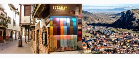 Von links nach rechts: Straße in Ezcaray (La Rioja), Stand mit Decken aus Ezcaray und Rundblick über das Dorf