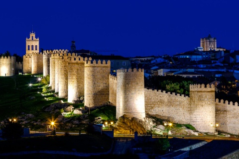 View of Avila city walls at night