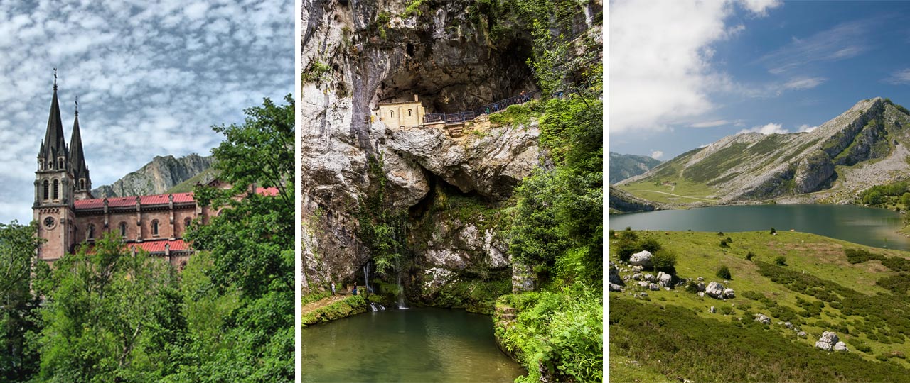 Collage of a basilica, a holy cave and glacial lake