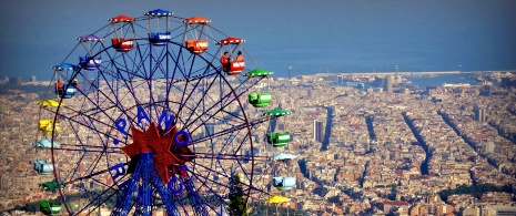 Tibidabo ferris wheel with Barcelona in the background