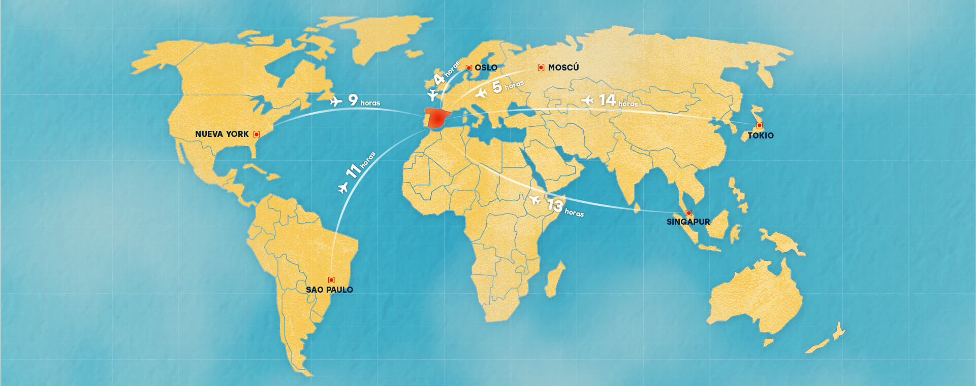 Mapa del mundo y sus distancias de tiempo en avión